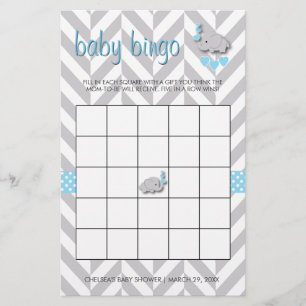 Sweet Blue and Grey Elephant Baby Shower Bingo Stationery