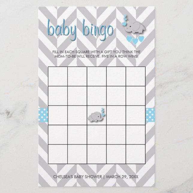 Sweet Blue and Grey Elephant Baby Shower Bingo Stationery (Front)