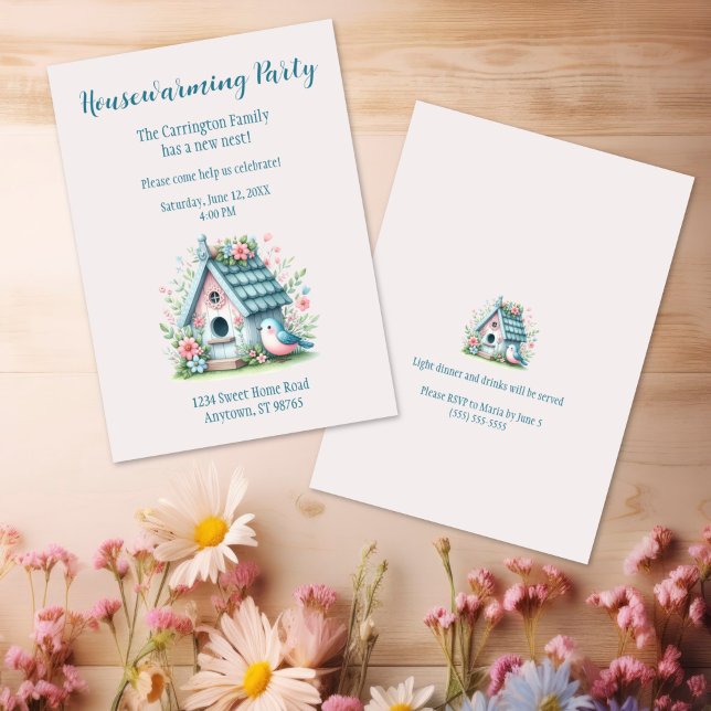 Sweet Blue and Pink Birdhouse Housewarming Party Invitation (Sweet Blue and Pink Birdhouse Housewarming Party Invitation)
