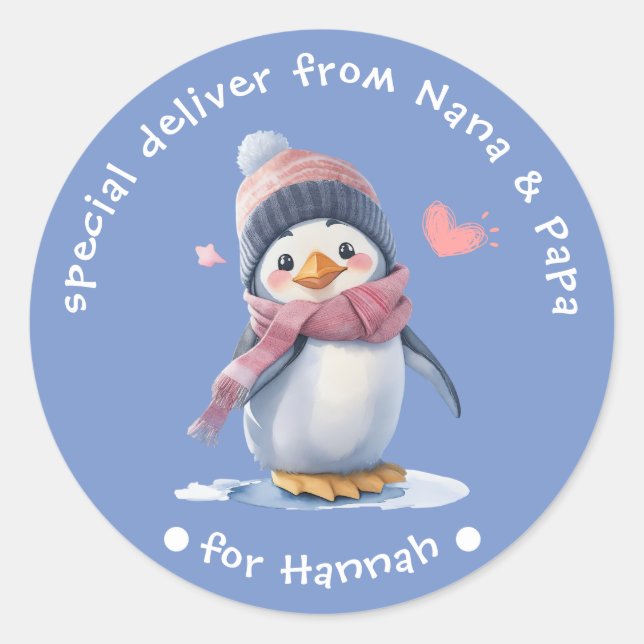 Sweet Blue Baby Penguin Christmas Label for Kids (Front)