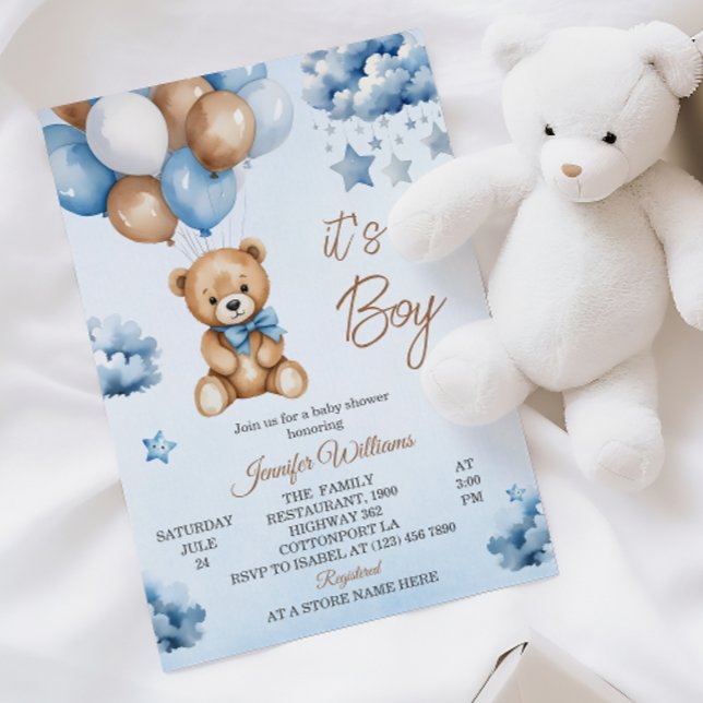 Sweet Blue Balloon Teddy Baby Boy Shower Invitation (Creator Uploaded)