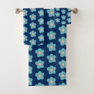 Sweet Blue Blossoms on Navy Bath Towel Set