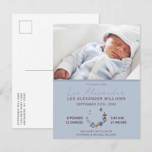 Sweet Blue Boho Floral Baby Boy Photo Birth Announ Announcement Postcard (Front/Back)