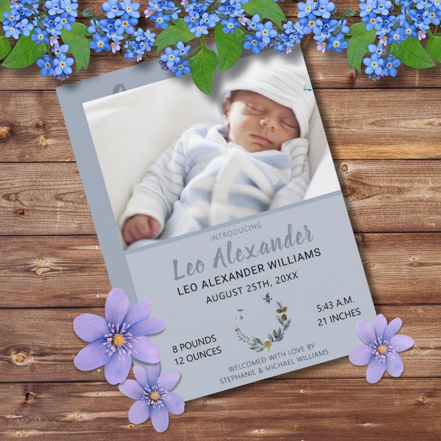 Sweet Blue Boho Floral Baby Boy Photo Birth Announcement (Sweet Blue Boho Floral Baby Announcement Photo Card)