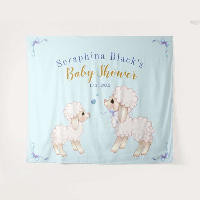 Sweet Blue Boy Lamb Baby Shower Backdrop Tapestry (Front (Horizontal))