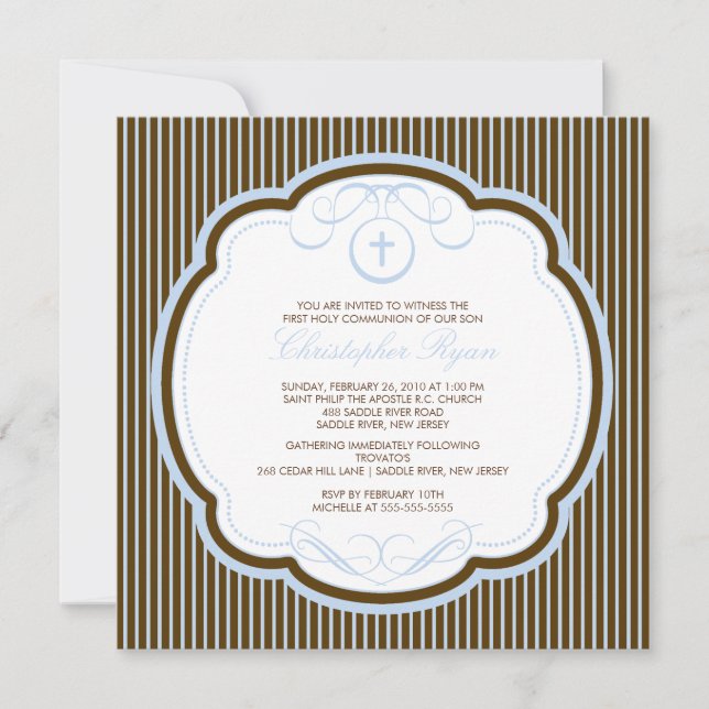 Sweet Blue Brown Cross Boy Communion Invitation (Front)