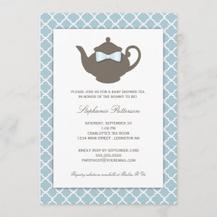 Sweet Blue   Brown Teapot Baby Shower Tea Party Invitation