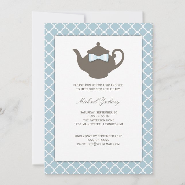 Sweet Blue | Brown Teapot Baby Sip and See Tea Invitation (Front)