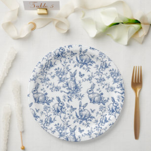 Sweet Blue Bunny Rabbits French Toile Paper Plate