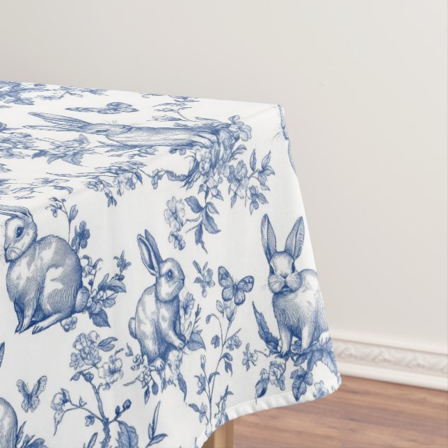 Sweet Blue Bunny Rabbits French Toile Tablecloth (In Situ)