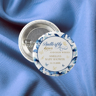 Sweet Blue Butterfly Kisses Baby Shower Party 3 Cm Round Badge