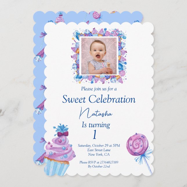 Sweet blue candy with photo birthday invitation (Front/Back)