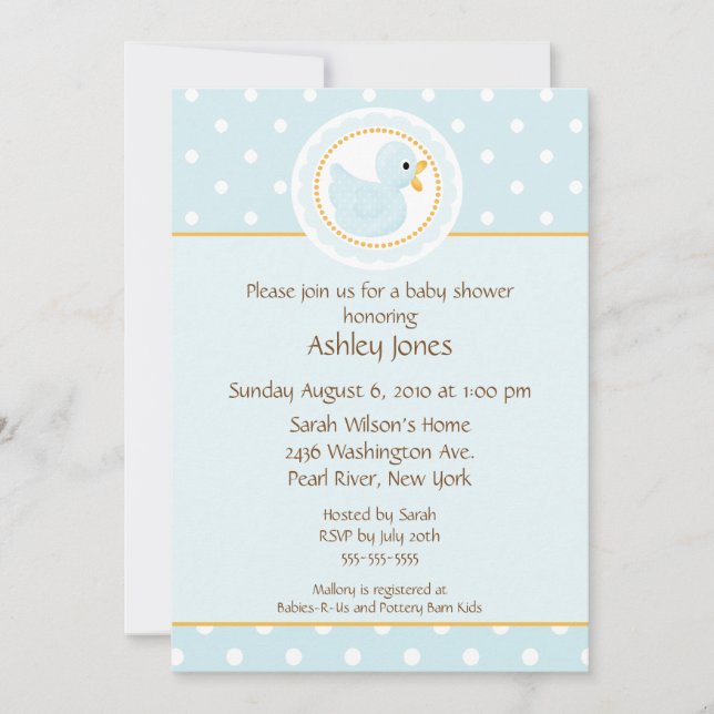 Sweet Blue Duck Boy Baby Shower Invitation (Front)