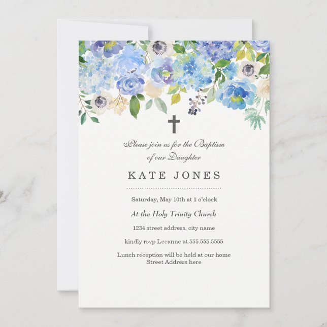 Sweet Blue Floral Baptism Invitation (Front)