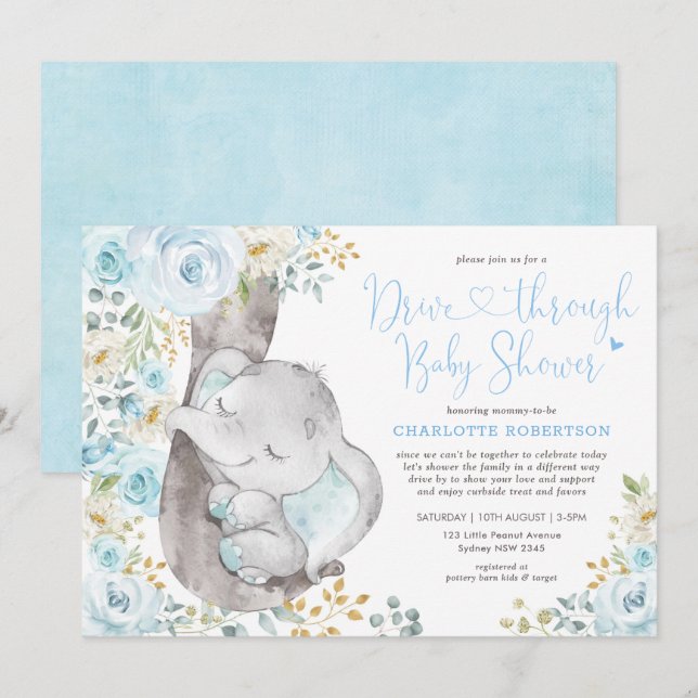 Sweet Blue Floral Elephant Drive By Baby Shower Invitation (Front/Back)