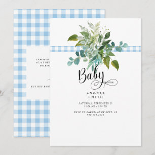 Sweet Blue Gingham Foliage Baby Shower Invitation