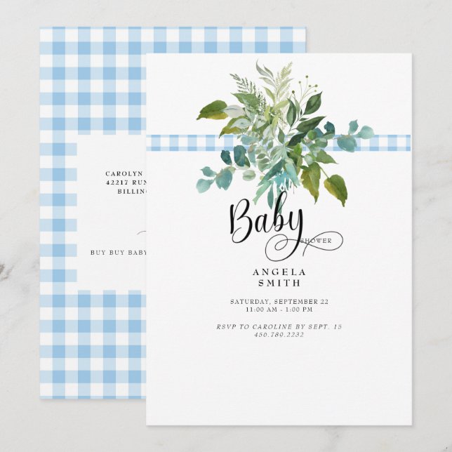 Sweet Blue Gingham Foliage Baby Shower Invitation (Front/Back)