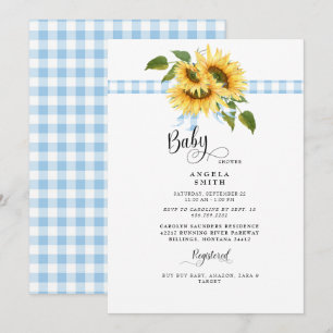 Sweet Blue Gingham Sunflower Baby Shower II Invitation