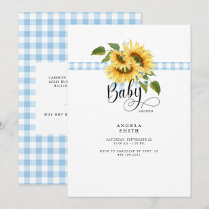Sweet Blue Gingham Sunflower Baby Shower Invitation