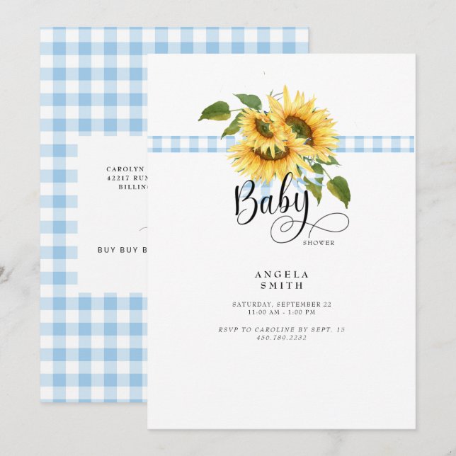 Sweet Blue Gingham Sunflower Baby Shower Invitation (Front/Back)