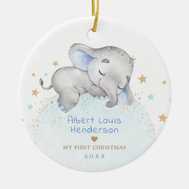 Sweet Blue Gold Elephant Baby 1st First Christmas Ceramic Tree Decoration (Front)