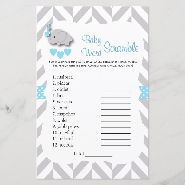 Sweet Blue & Grey Elephant Baby Shower - Word Game (Front)