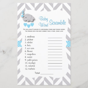 Sweet Blue & Grey Elephant Baby Shower - Word Game