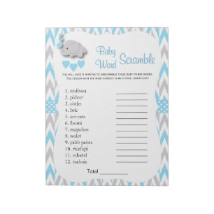 Sweet Blue & Grey Elephant Baby Shower Word Game 2 Notepad