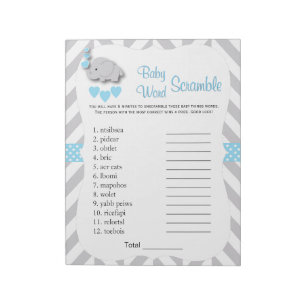 Sweet Blue & Grey Elephant Baby Shower Word Game Notepad