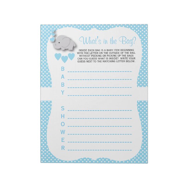 Sweet Blue & Grey Elephant Baby What's in the Bag Notepad (Rotated)