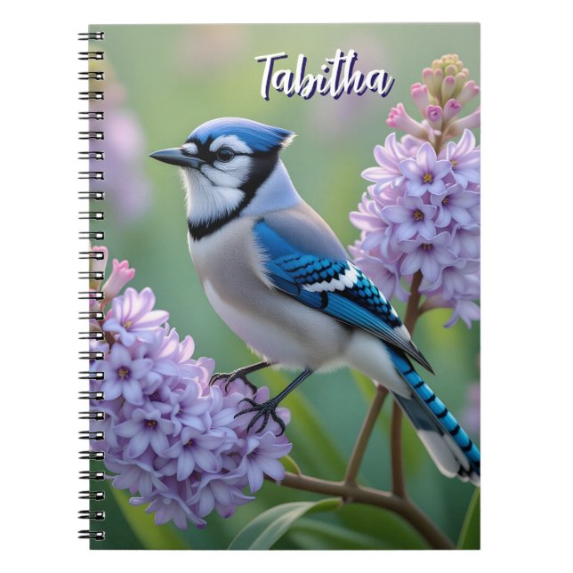Sweet Blue Jay on Lilacs Personalised Notebook (Front)