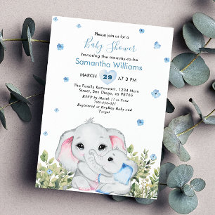Sweet Blue Mummy Baby Elephant Baby Shower Invitation
