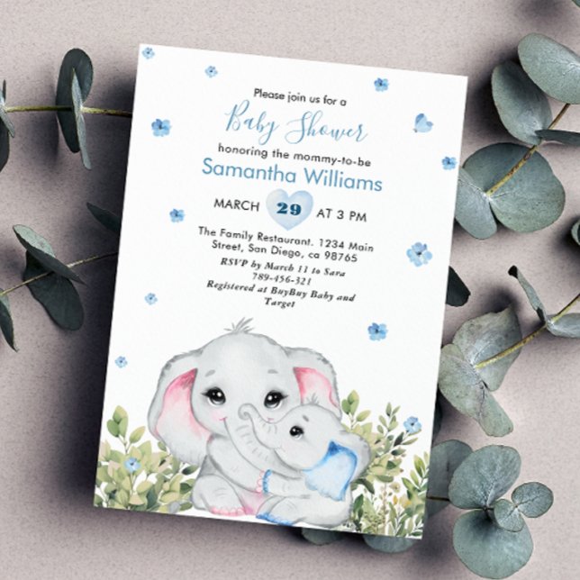 Sweet Blue Mummy Baby Elephant Baby Shower Invitation (Creator Uploaded)