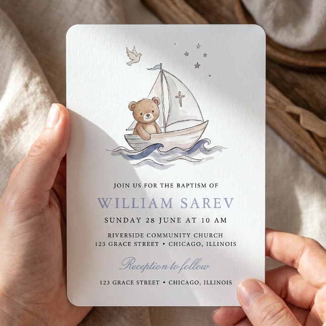 Sweet Blue Nautical Bear Baptism Invite (Creator Uploaded)