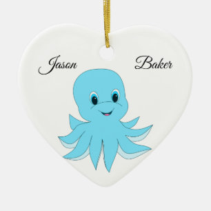 Sweet Blue Octopus With Your Name Ceramic Tree Decoration