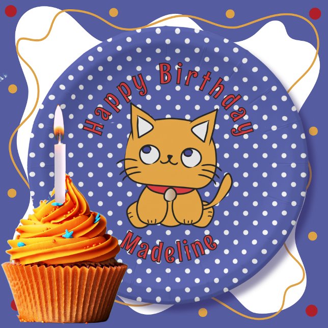 Sweet Blue Red Orange Cat Cartoon Birthday Party Paper Plate (Creator Uploaded)