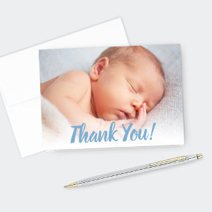 Sweet Blue Script Baby Boy Photo Thank You Card