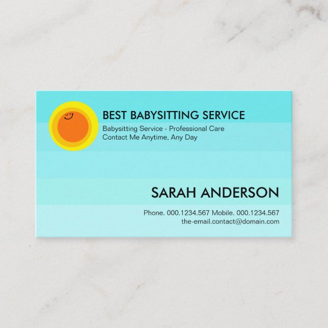 Sweet Blue Skies Happy Sun Babysitting Nanny Business Card (Front)