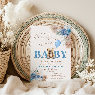 Sweet Blue Teddy Bear Baby Shower Pampas Florals Invitation