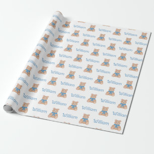 Sweet Blue Teddy Bear Bow Tie Baby Shower Wrapping Paper