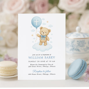 Sweet Blue Teddy Bear Boy Baptism Invitation