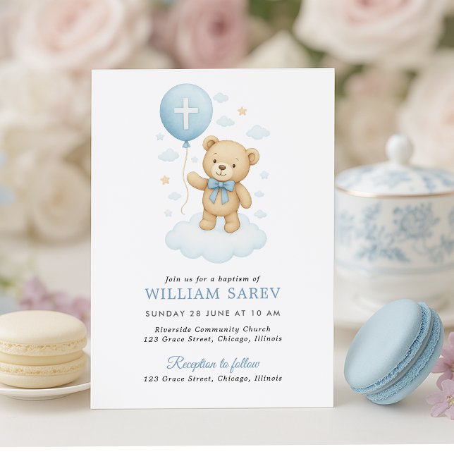 Sweet Blue Teddy Bear Boy Baptism Invitation (Sweet teddy bear baptism invite with pastel treats – soft, charming design for baby boys)