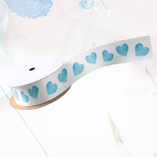 Sweet Blue Watercolor Hearts White Ribbon Satin Ribbon