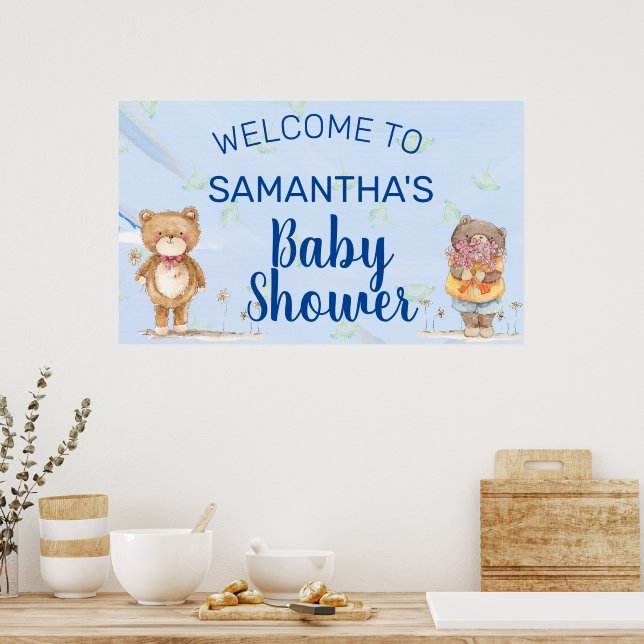 Sweet Blue Watercolor Teddy Bear Boy Baby Shower Poster (Kitchen)