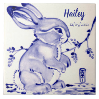 Sweet Blue & White Baby Bunny Tile Personalised