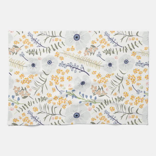 Sweet Blue Yellow Botanical Flowers Tea Towel (Horizontal)