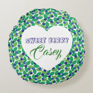 Sweet Blueberries Modern Pattern Blue Green. Round Cushion
