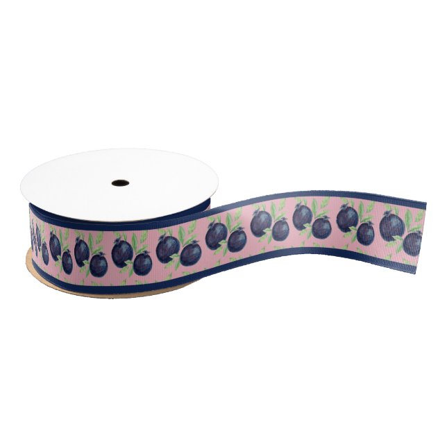 Sweet Blueberries Watercolor Hand-painted Grosgrain Ribbon (Spool)