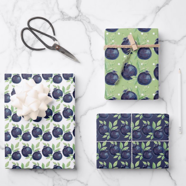 Sweet Blueberries Watercolor Hand-painted Wrapping Paper Sheet (Front)