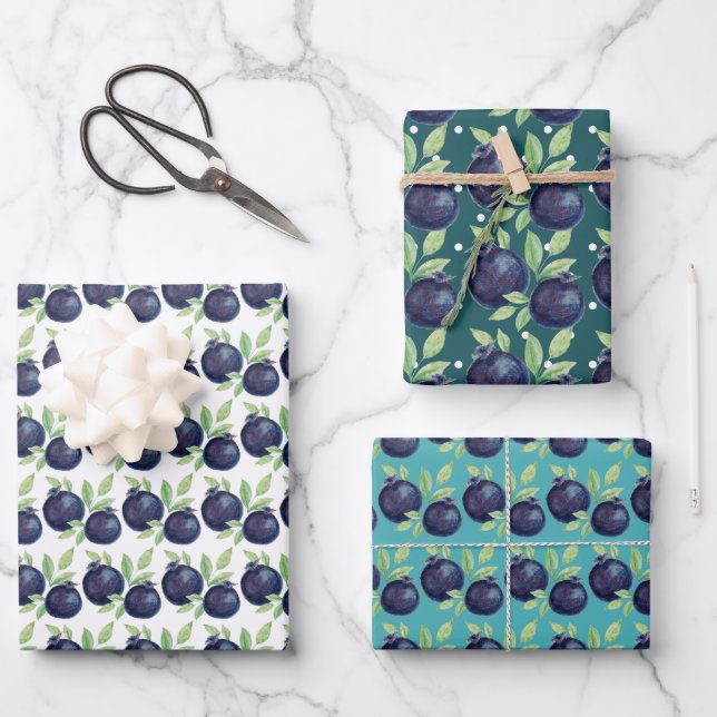 Sweet Blueberries Watercolor Hand-painted Wrapping Paper Sheet (Front)
